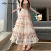2026 Spring Summer Women Maxi Long Skirt High Waist Contrast Color Layered Ruffles Princess Skirt Mesh Sweet Elegant Feminine Skirts Womens