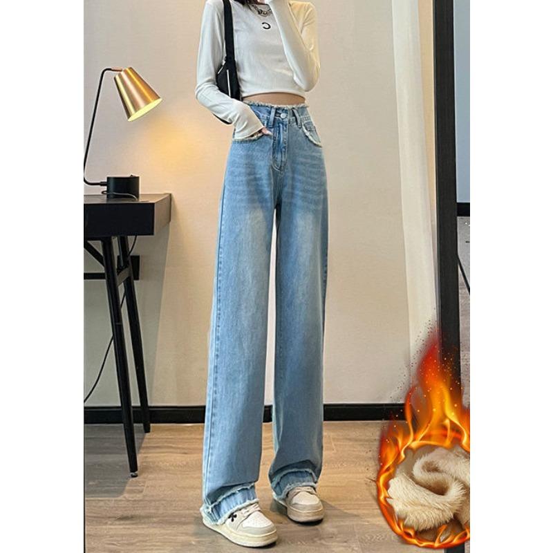 

Прямые джинсы с высокой посадкой для женщин на осень и зиму, новый двубортный дизайн, ретро, свободные, облегающие, широкие брюки-мопы и флисовые брюки XXL