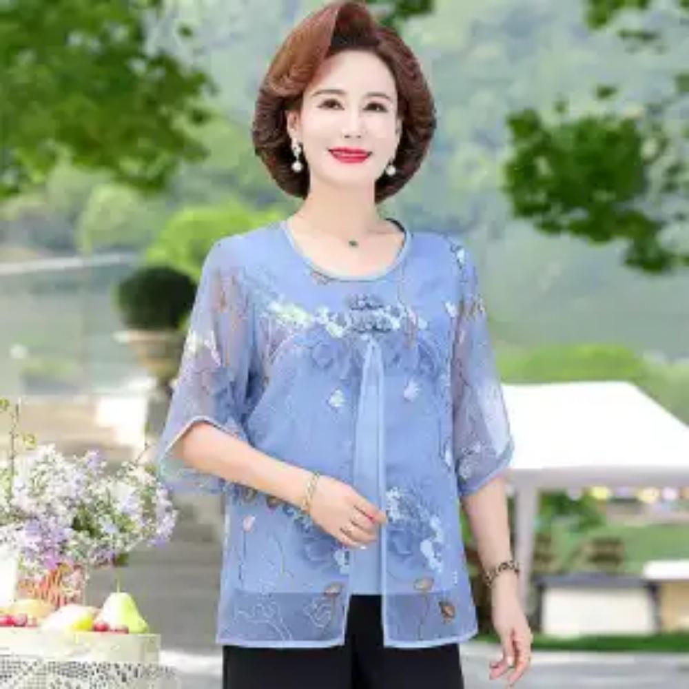 Elegant Commute Printed Spliced Fake Two Pieces T-shirt Summer New Fashion Women's Clothing Casual 3/4 Sleeve Round Neck Tops