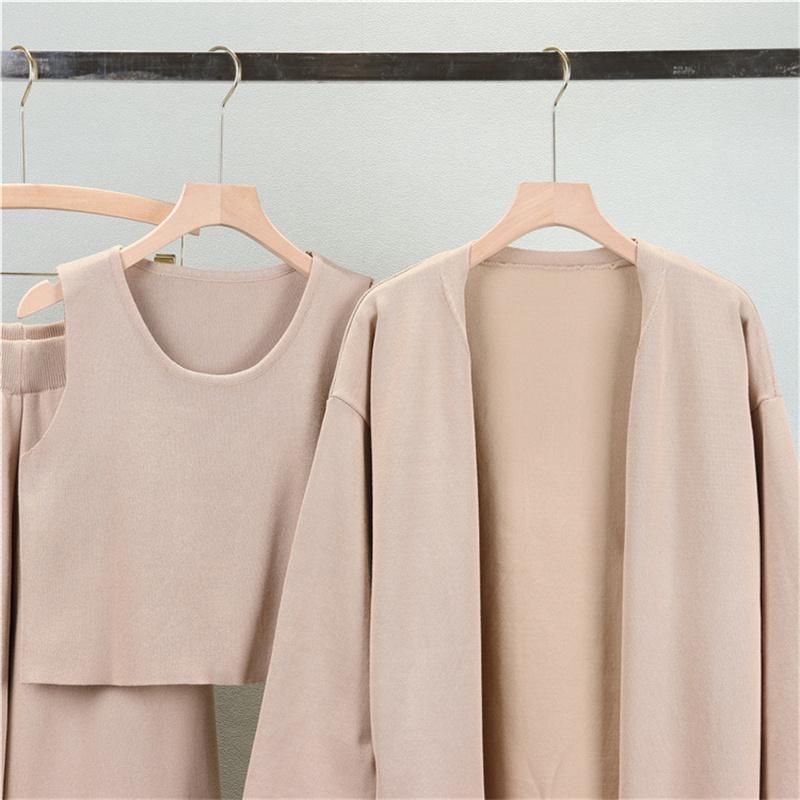 Women'S Spring Loose Knitted Set Long Shawl Cardigan Sweater Tank Top Wide Leg Pants 3 Piece Set