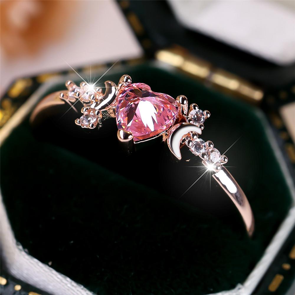 Female Cute Small Moon Ring Elegant Pink Crystal Heart Stone Rings For Women Vintage Rose Gold Color Wedding Band Bridal