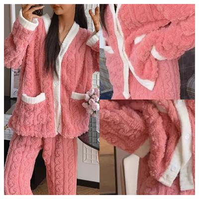2pcs/Set Women's Winter Pajamas Padded Thickened Warm Pocket Models  Loose Coral Fleece School Pajamas Homewear