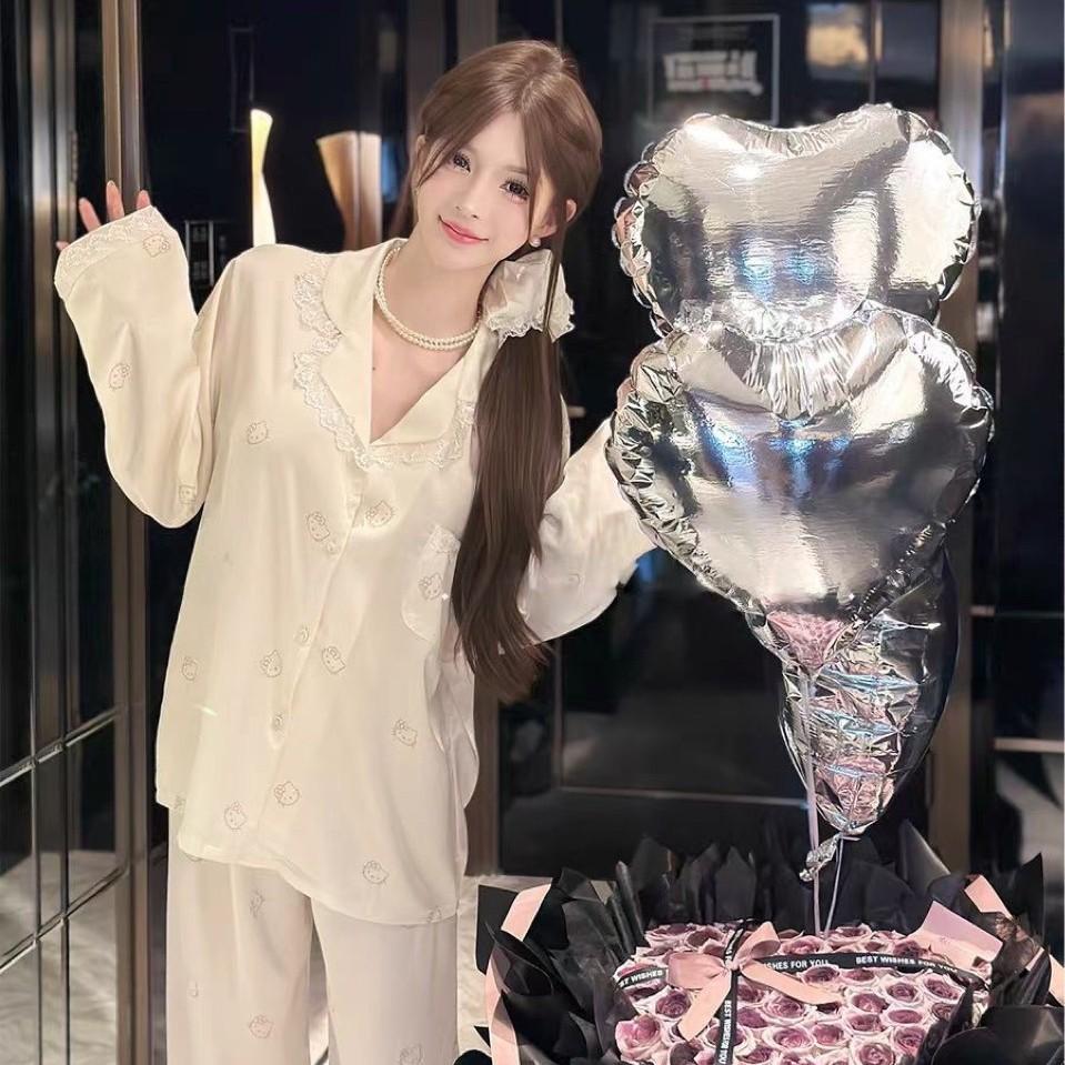 Kitty cat pajamas women's ice silk autumn and winter long-sleeved trousers set lace-edged silk loungewear can be worn outside