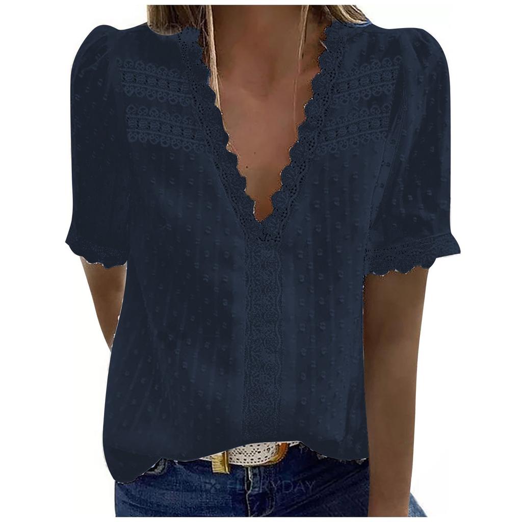 Women Fashion Lace Short Sleeve Casual T-shirt V-neck Color Top
