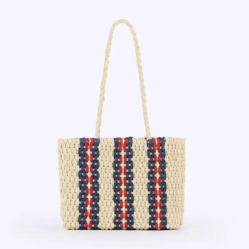 New Summer One-shoulder Contrasting Straw Bag, Hand-woven Bag, Large-capacity Tote Bag, Women's Seaside Vacation Beach Bag