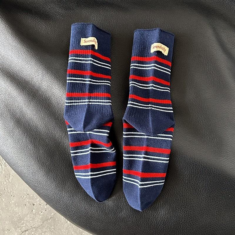 Female Autumn New Style Casual All Match Color Stripe Cloth Mark Sports Tube Stack Socks