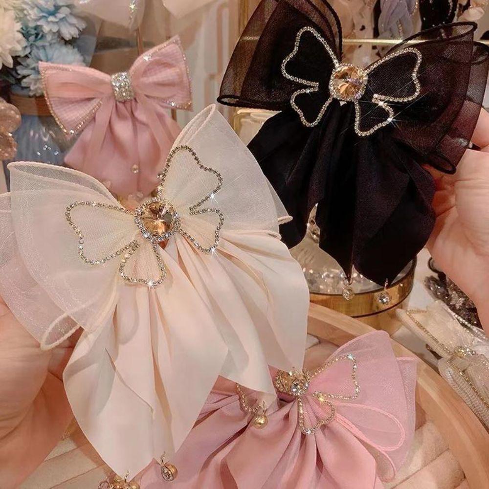 Mesh Bow Rhinestone Bowknot Hair Clips Shining Crystal Barrettes  Women Girls Headwear