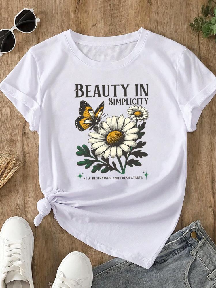 (Asian Size) sweet plant flower Print O-neck Short Sleeve T-shirts Fashion  Casual Women's Top T Female Clothing  Graphic Tee