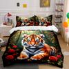 Tiger with Red Roses Forest Bedding Duvet Cover Set  (1*Duvet Cover 2*Pillowcases, Without Duvet Insert)