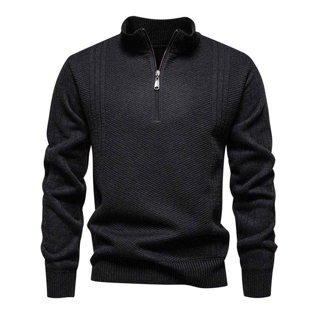 Men's Solid Color Textured Casual Pullover Stand Collar Sweater Jacket Plus Velvet Long Sleeve Top