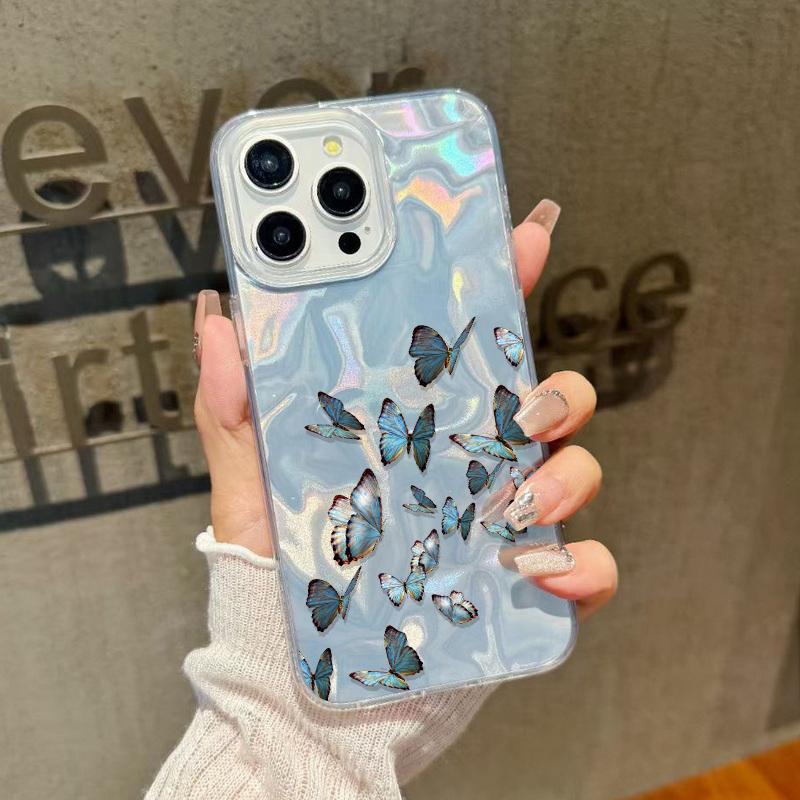 Butterfly Print Soft Edge Slim Clear Phone Case For iPhone 16 Pro 15 Pro Max 14 13 12 11 Glitter Feather Shockproof Sparkling Hard PC Back Cover