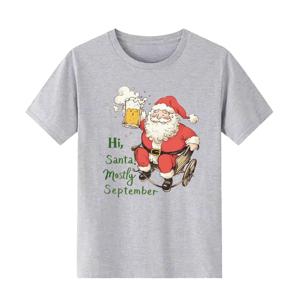 Merry Christmas  Santa Claus Cheers Beer Fun Printed Pattern Tshirt Short Sleeve Round Neck Versatile Womens Tshirt