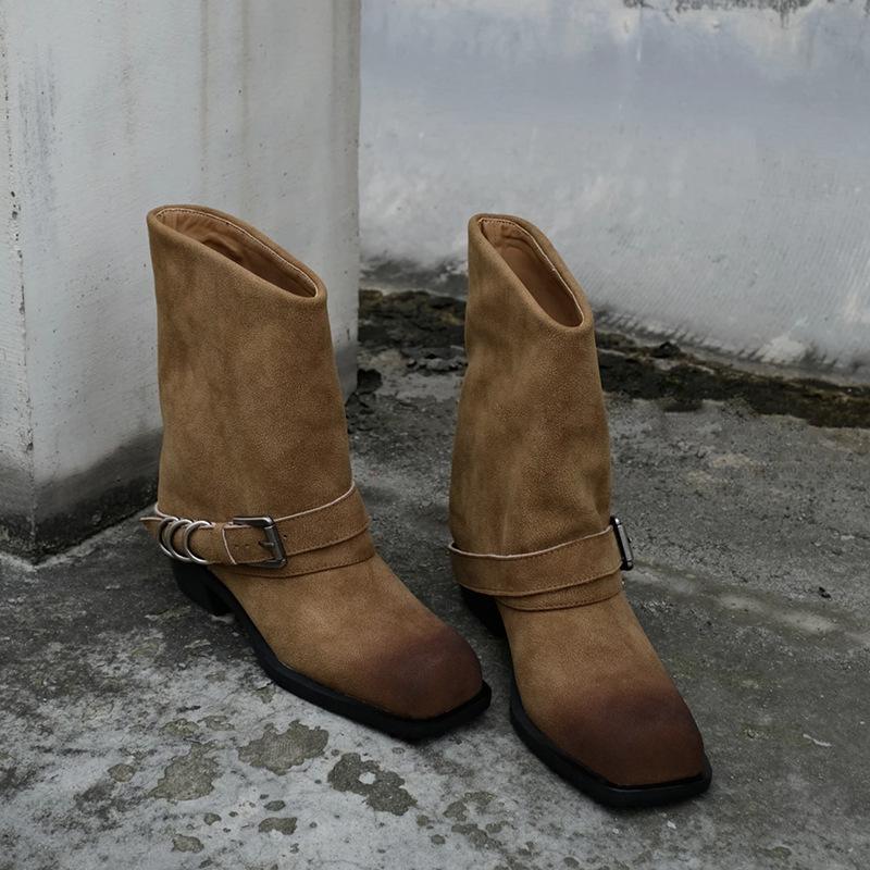 

Version~ Retro polished Martin boots women s square head old boots metal warehouse tube small short boots western boots 40