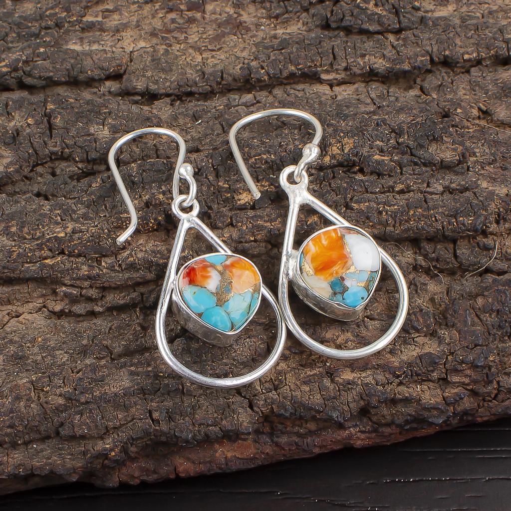 Orange Copper Turquoise Gemstone Jewelry, 925 Solid Sterling Silver, Handmade Balancing Earrings For Gift
