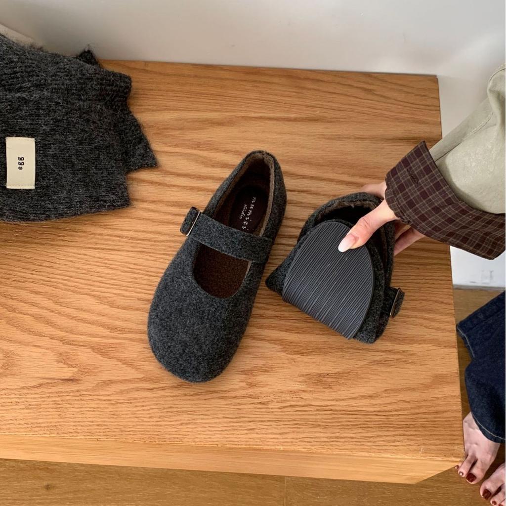 2025 Autumn and Winter New Round Head One-word Woolen Soft-soled Ballet Doudou Women's Fashionable Women's Single Shoes for Pregnant Women