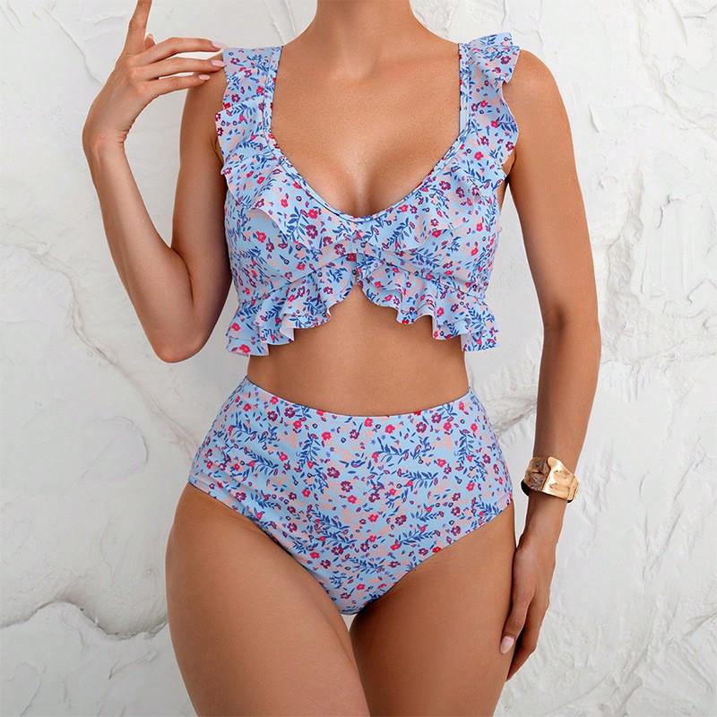 Floral Ruffle Edge Split Swimsuit Women Fashionable Beach Bikini Hot