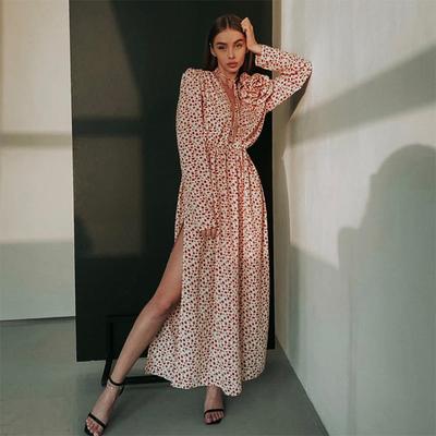 Deep V-neck Long Sleeved Loose Printed Women's Dress Elegant High Waisted Split Design 2025 Summer Fashion A-line Dress
