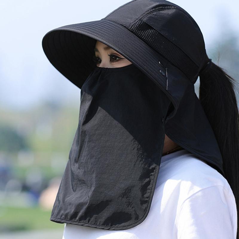 Chapeau Masque Facial Protection Solaire pour Femmes Chapeau de Soleil à Large Bord avec Cordon de Serrage Réglable Chapeau Respirant pour Activité en Plein Air