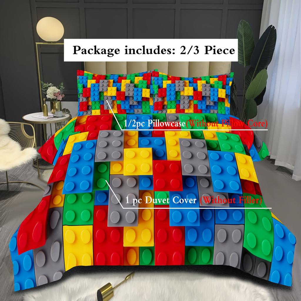 Modern Duvet Cover Set Building Blocks Print Washable Polyester Bedding Set Soft Comfortable And Breathable Duvet Cover