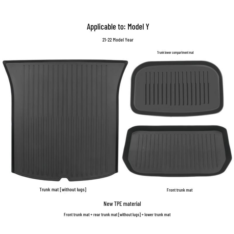 Tesla Model Y TPE Floor and Trunk Mats: Front, Rear, and Accessories for Car Interiors.