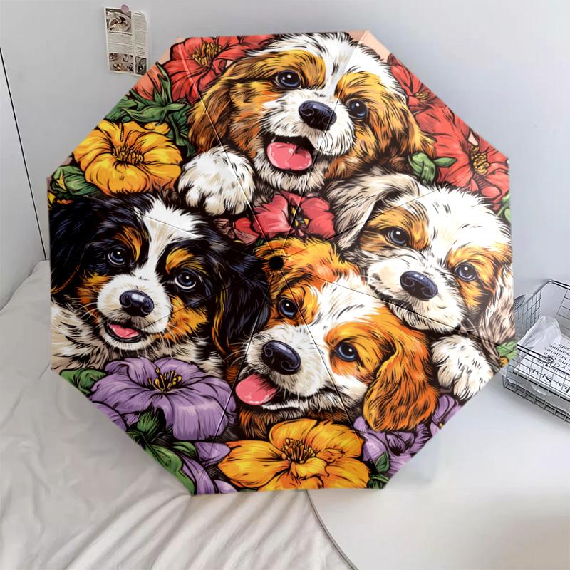 0106 Dog In Flower Bush  Pattern, Automatic Folding Umbrella, Portable and Foldable Design, 8 Ribs, a Christmas or Birthday Gift.
