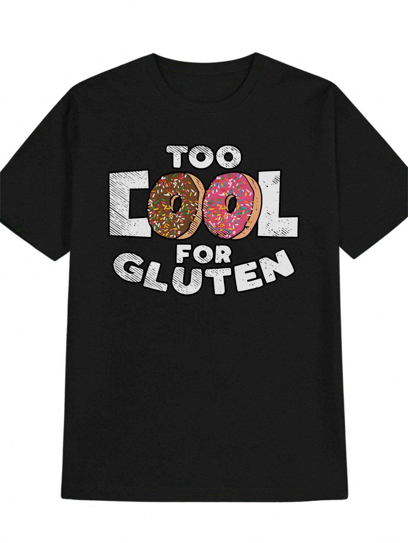 Casual Crew Neck T-shirt with TOO COOL for GLUTEN Donut Print - Black XXL