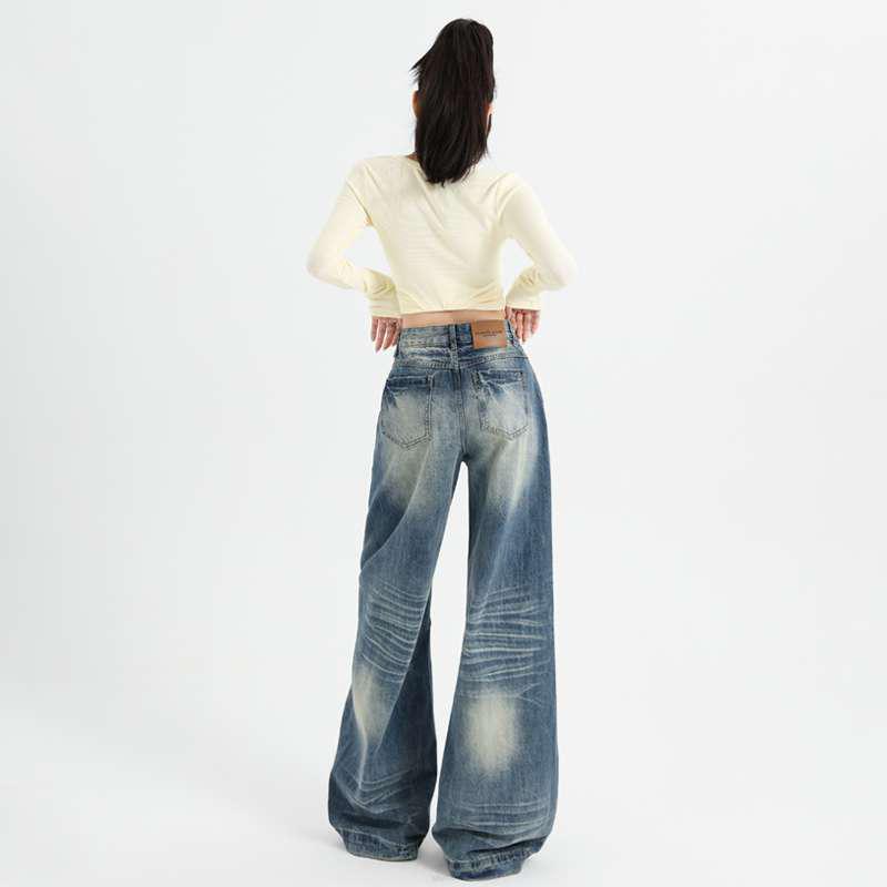 

American High Street Low-Waist Wide-Leg Women s Jeans - Autumn Loose Fit, Heavy Duty Trendy Brand, Floor-Length Pants L