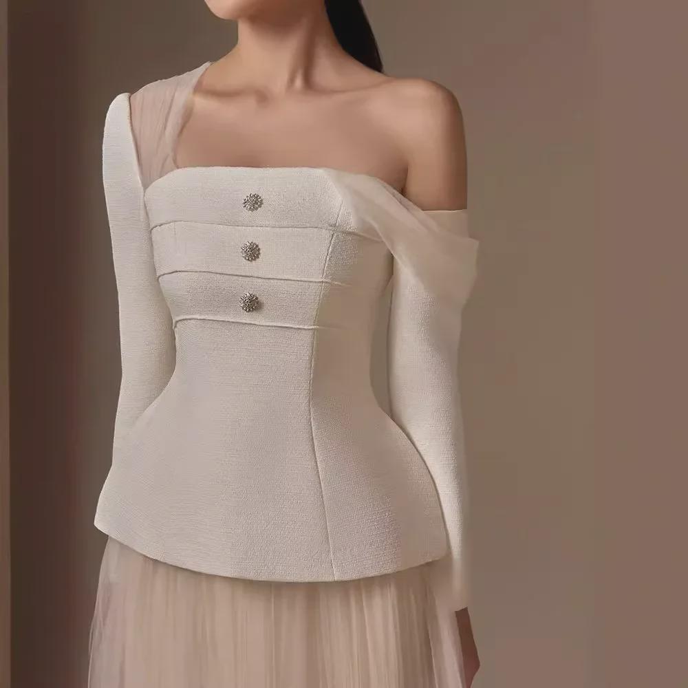 Vietnamese Designer Asymmetric Shoulder Suit with Lace Mesh Skirt for Women - Spring/Autumn Style