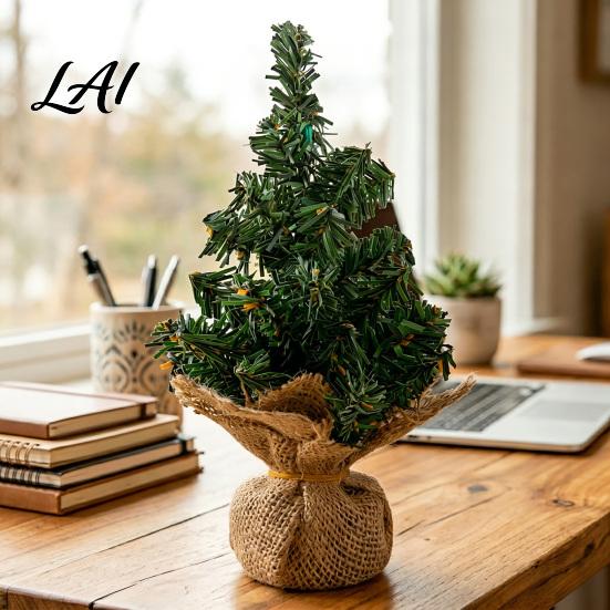 Rustic Christmas Decor Tabletop Mini Tree Artificial Miniature Pine Tree with Linen Base for Xmas Holiday Indoor Home Kitchen Desktop Decoration