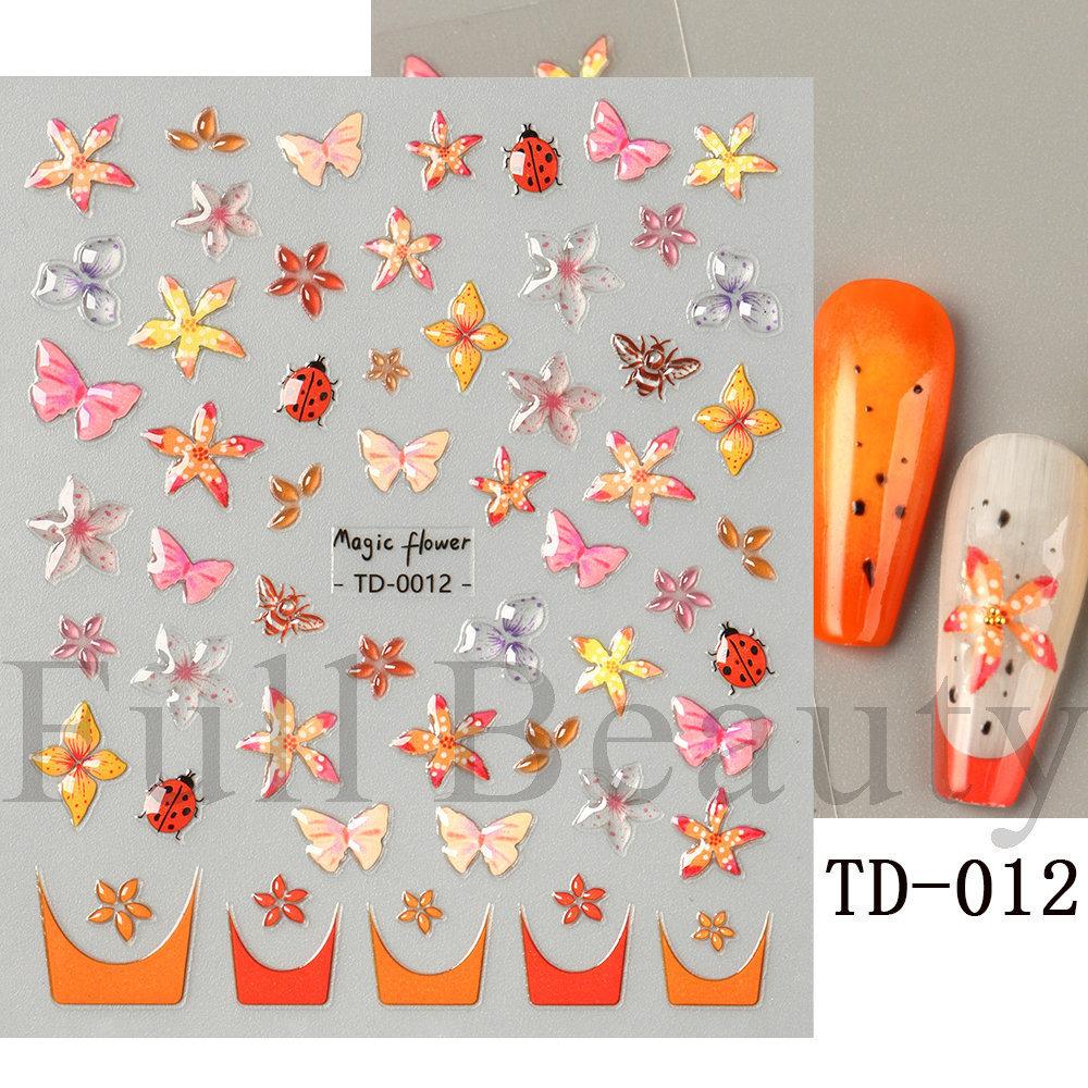 Nail Art Sticker, Embossed Three-Dimensional 5D Soft Glue, Ice-Penetrating Small Flower Ladybug Adhesive Nail Sticker
