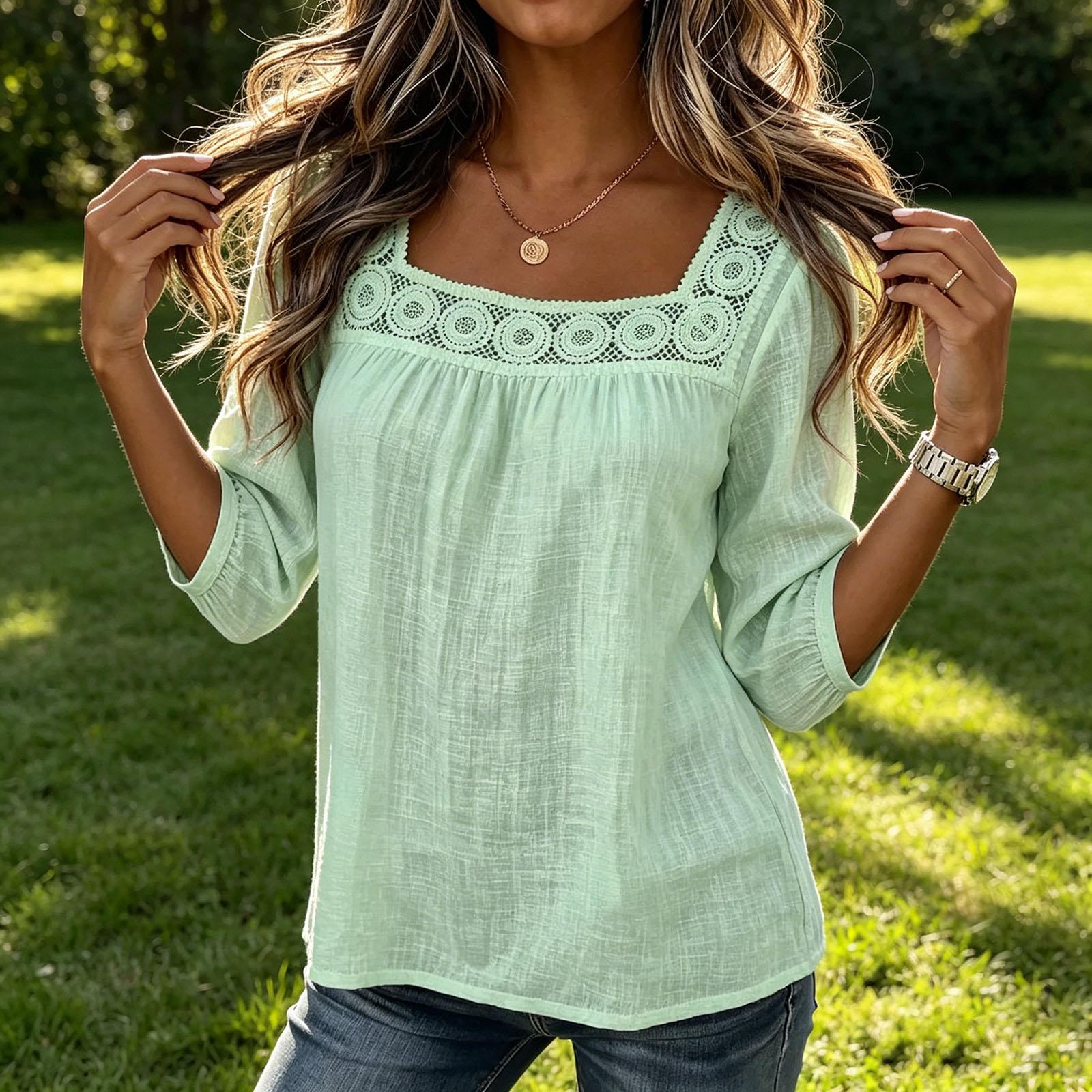 Women s Summer -Color Casual Square-Neck Lace-Trimmed Cropped Cotton-Linen Short-Sleeve Top For Women M