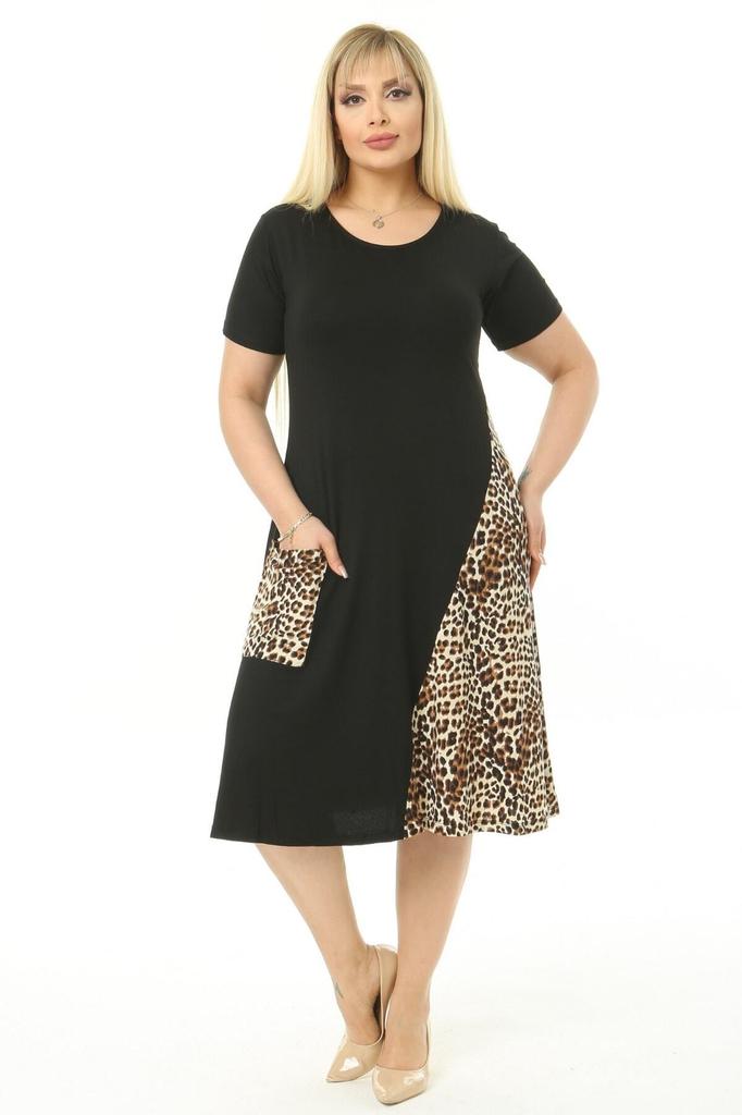 Damen-Kleid in großen Größen, Übergröße, kurzärmelig, schwarzes Leopardenmuster, detaillierte Taschen