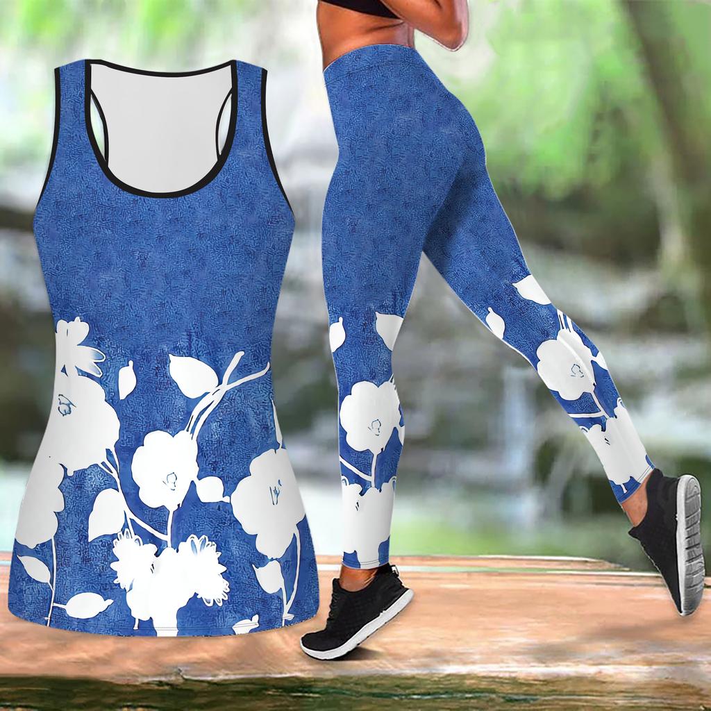 Černobílý jógový outfit s potiskem poloviny růže pro ženy Módní cvičební legíny Fitness Sportovní ležérní jógová souprava Sportovní oblek