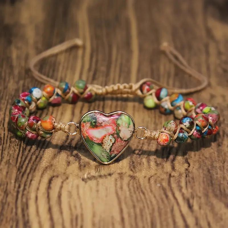 Colored Gemstone Braided Bracelet, Bohemian Vacation Bracelet, Women's Adjustable Bracelet, Gift for Girls, Heart-shaped Gemstone Bracelet