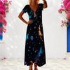 Women Plus Size V Neck Short Sleeve Abstract Leaf Print Long Dress