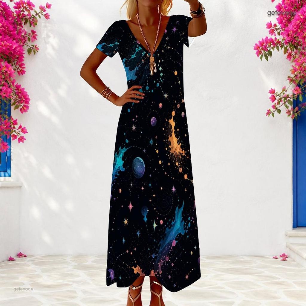 Women Plus Size V Neck Short Sleeve Abstract Leaf Print Long Dress