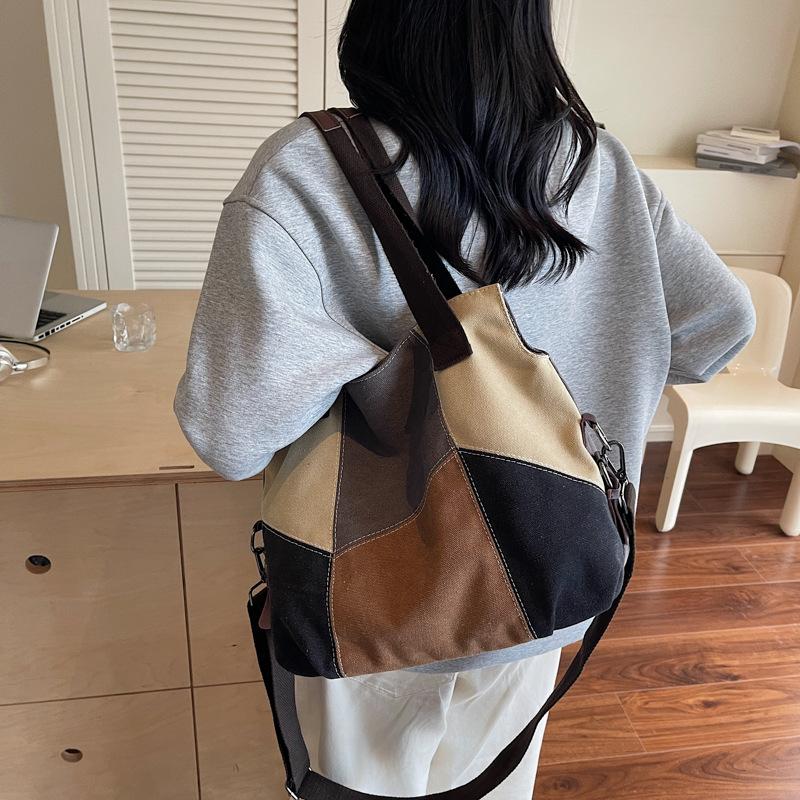 Simple Fashion Women's Bag Contrast Canvas Bag Women's Large Capacity Retro Contrast Patchwork Cloth Bag New Shoulder Handbag