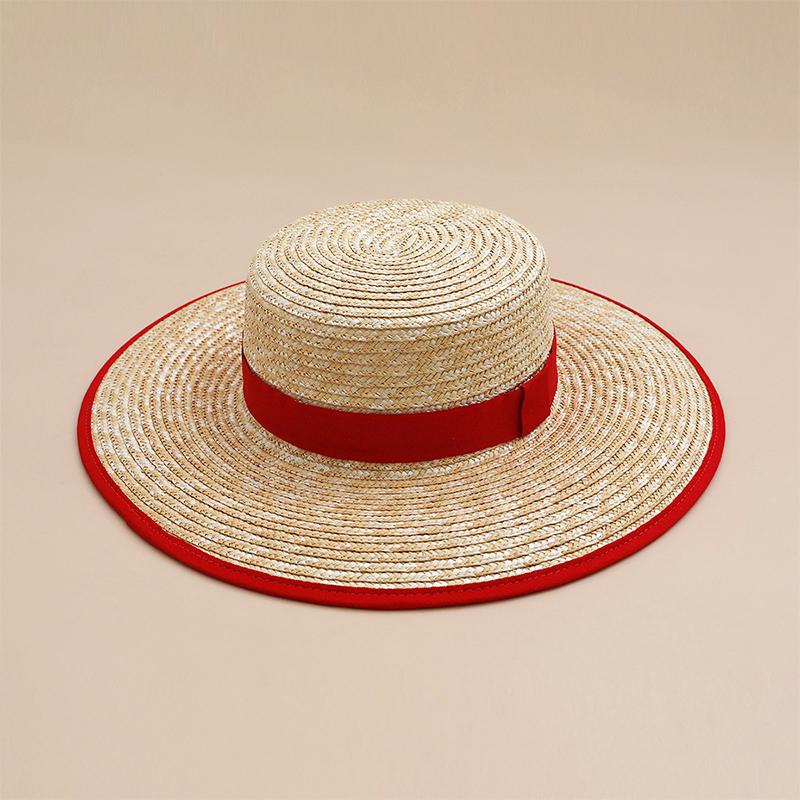 European American-Style Straw Hat With Wide Brim Sun Hat Woven Edges And A Flat Crown Perfect For A British Seaside Vacation красный