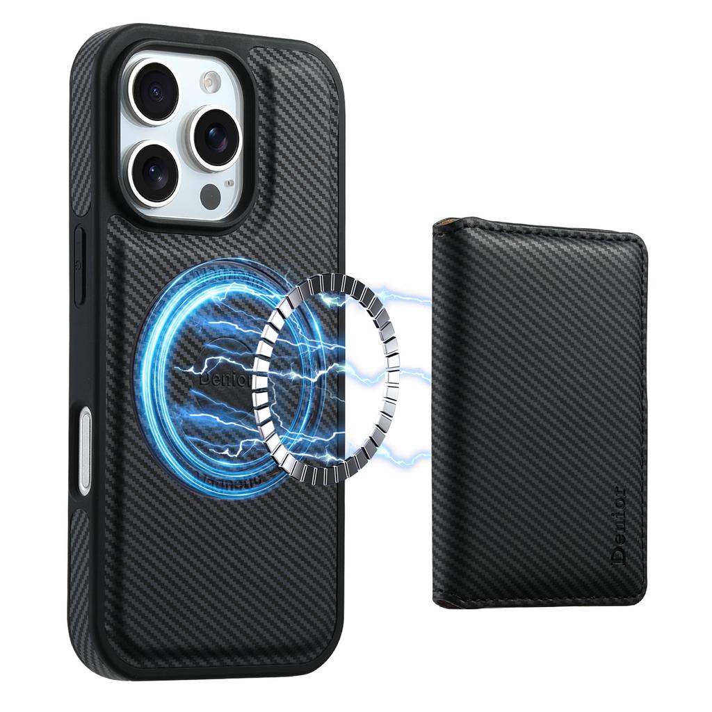 DENIOR For iPhone 16 Pro Max Magnetic Case Carbon Fiber Texture Leather Back Cover with Detachable Card Bag