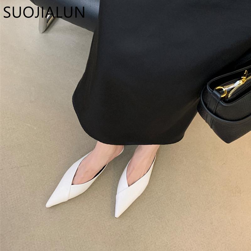 Fashion SUOJIALUN 2024 Spring New Brand Women Slipper Fashion Pointed Toe Shallow Slip On Mules Shoes Thin Low Heel Dress Sandal Shoes P