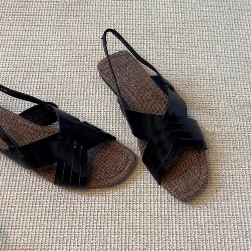 

Vintage braided cross-strap flat-bottomed casual open-toed sandals women s summer new rear strap square head shoes 39 чёрный