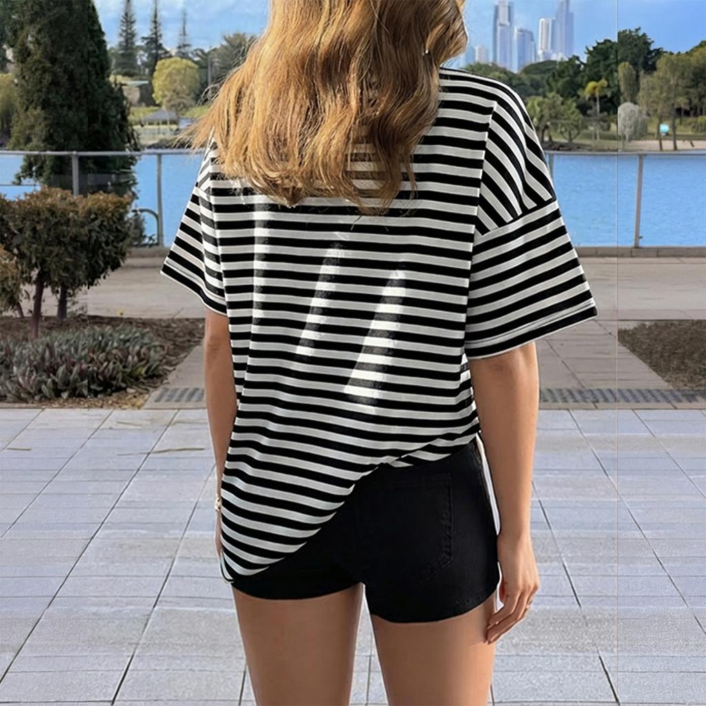 Women's Fashion Striped Round Neck Short Sleeved Casual Loose Fitting Pullover T-shirt Top