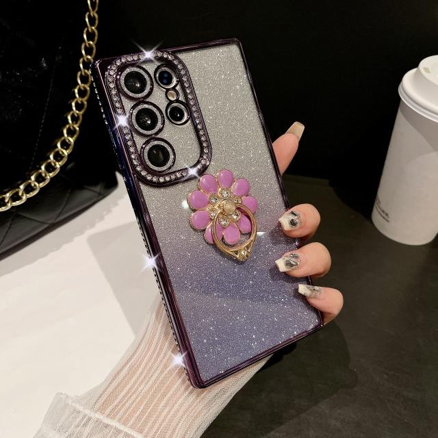 For Samsung Galaxy S25 Ultra Luxury Plating Rhinestone Frame Diamond Ring Stand Phone Case For Samsung S22 S23 S24 S25Plus Cover