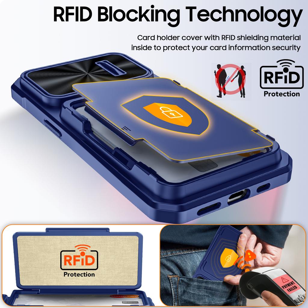 RFID Wallet Case with Card Holder and Sliding Camera Cover for iPhone 14 Pro-Blue