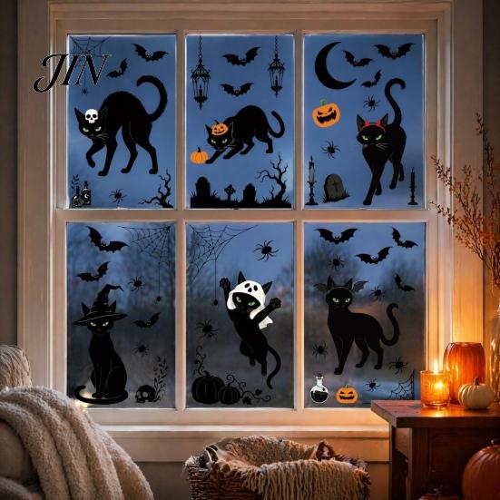 Odnímatelné samolepky s černou kočkou 6 listů/sada Samolepky na okna, Statické nálepky bez lepidla, PVC sklo pro párty Halloween Netopýr Dýně Pavučina