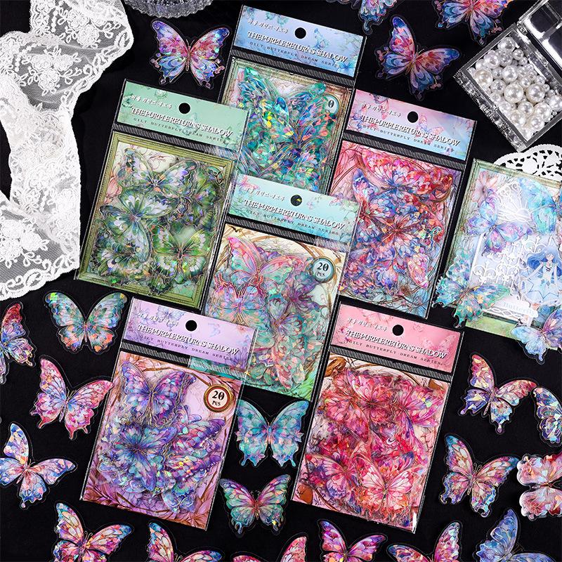 6 Styles 20 Pcs Gilt Butterfly Dream Series Vintage Sticker PET Material Collage Scrapbooking Material Junk Journal Supplies