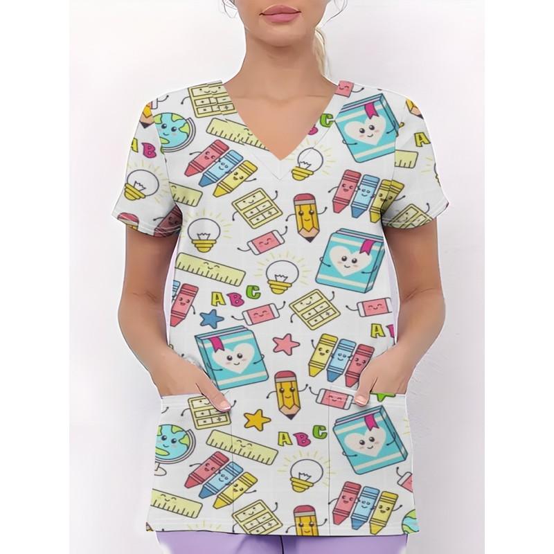 Womens V-Neck Short Sleeve Nursing Scrub Top With 3D Cartoon Print Comfortable Workwear Casual Medical Uniform