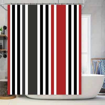 Modern Bath Shower Curtain with Bold Stripes Waterproof Fabric for Home Decor In Red Black Size 180x240cm