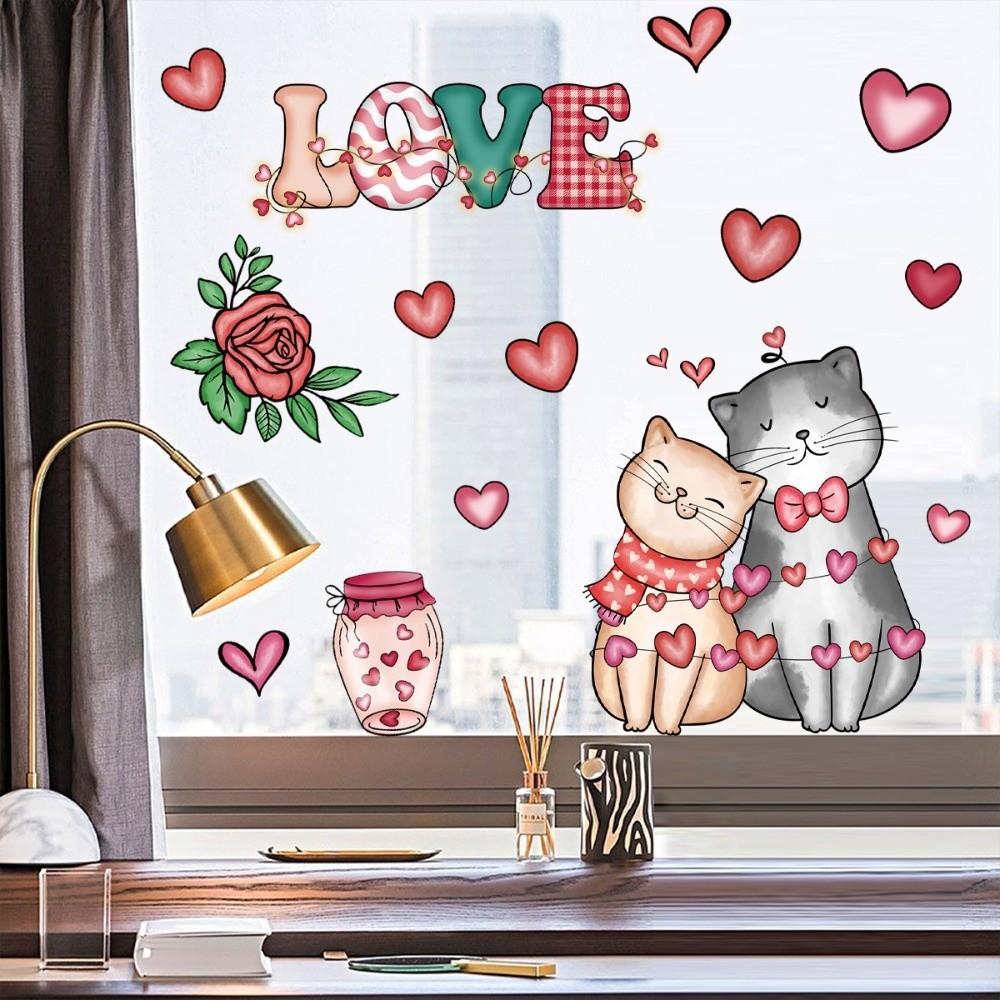 PVC Valentine's Day Window Stickers Animals Cats Bears Mice Love Heart Window Decals  Decorations