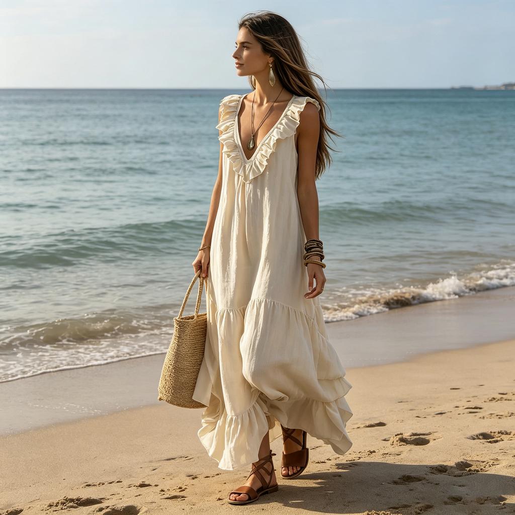 Ladies' Casual Sleeveless Cotton Linen V-neck Big Swing Dress